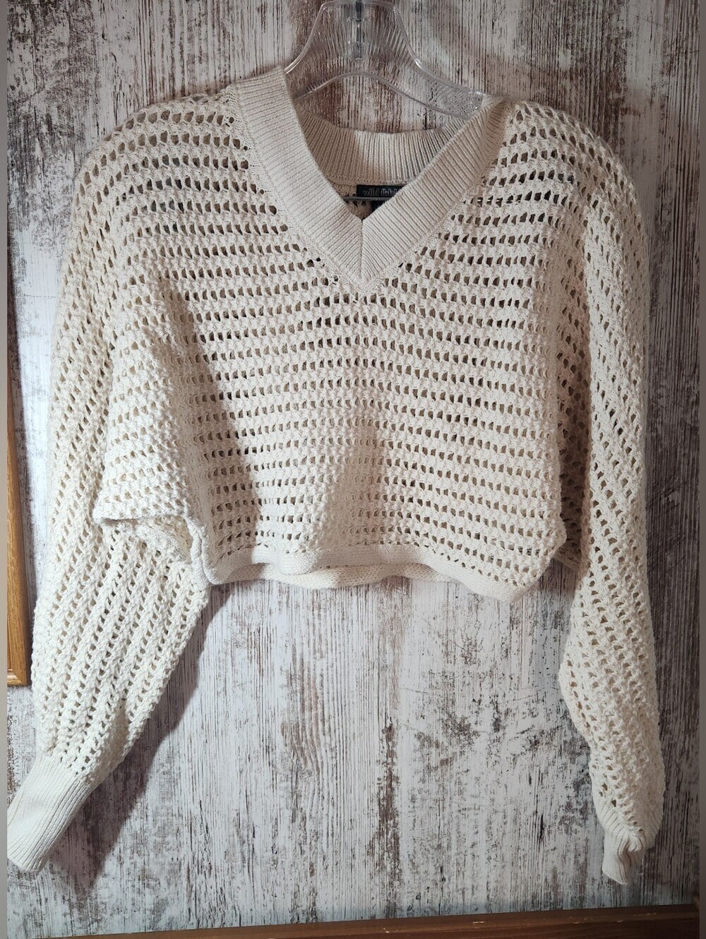 Wild Fable Cream Cropped Open-Knit V-Neck Sweater Top